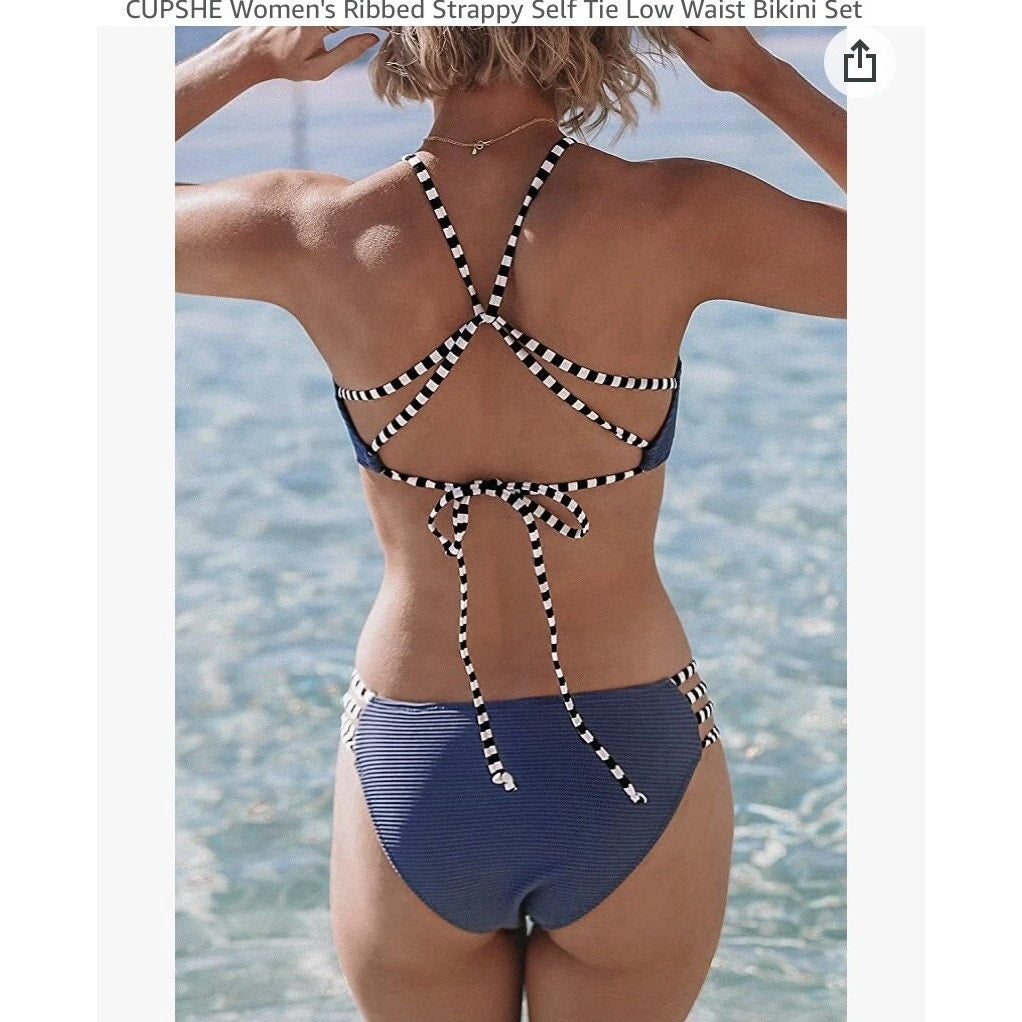 Cupshe Ribbed Two Piece Matching Bikini Set Swimsuit Blue Small