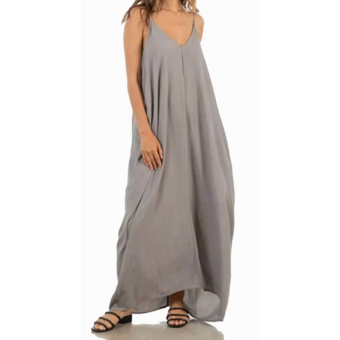Lovestitch Gauzy Crinkle Maxi Slip Dress Concrete Gray Medium / Large