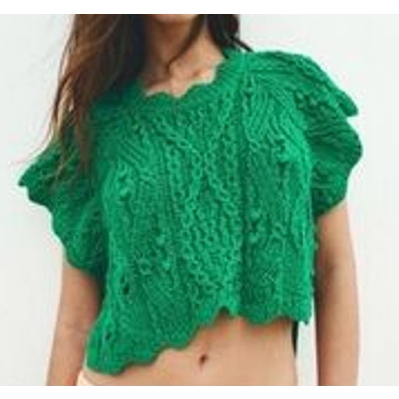 Zara Short Sleeve Crochet Cable Knit Cropped Sweater Green Medium