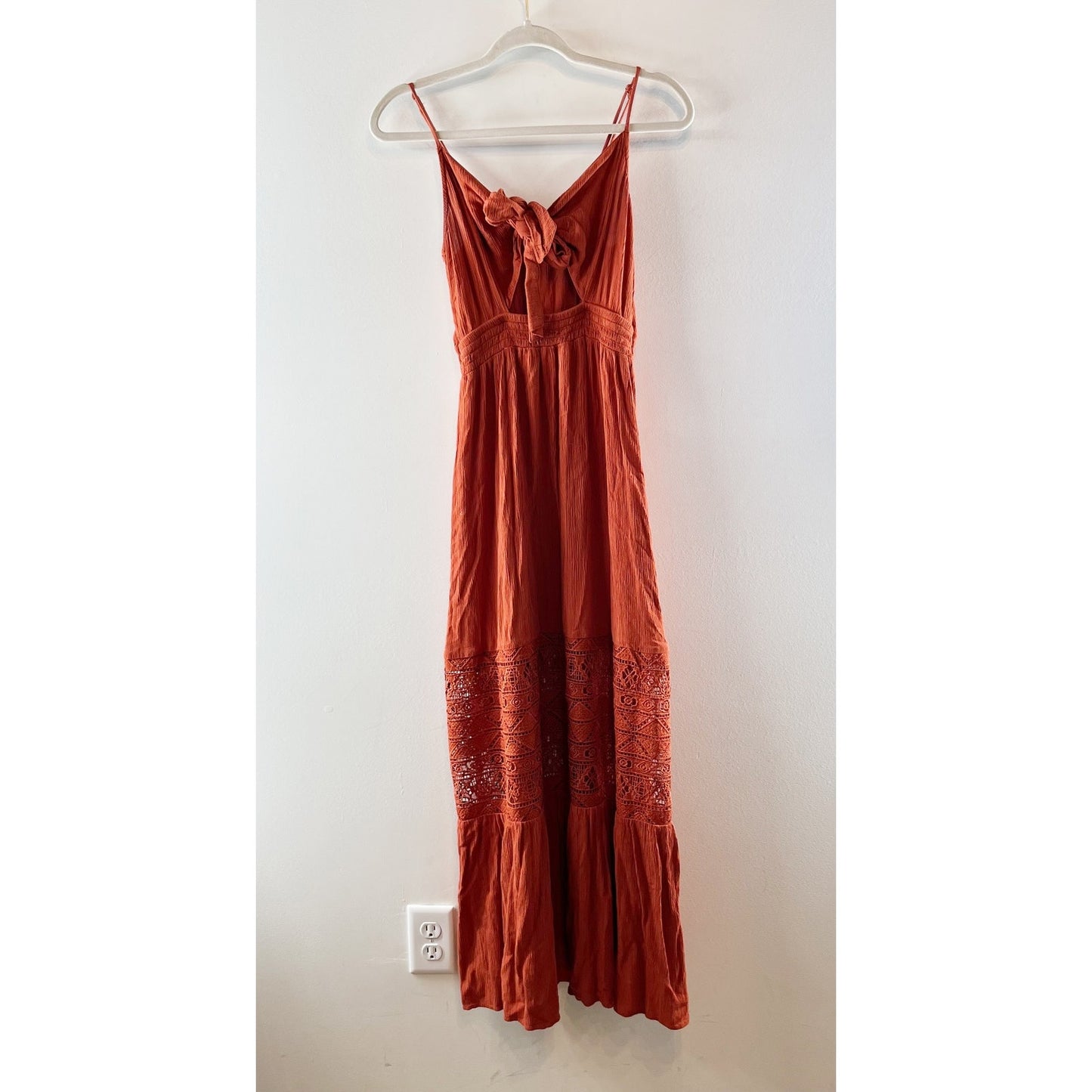 American Eagle Tie Front Crochet Maxi Dress Burnt Orange Rust Small