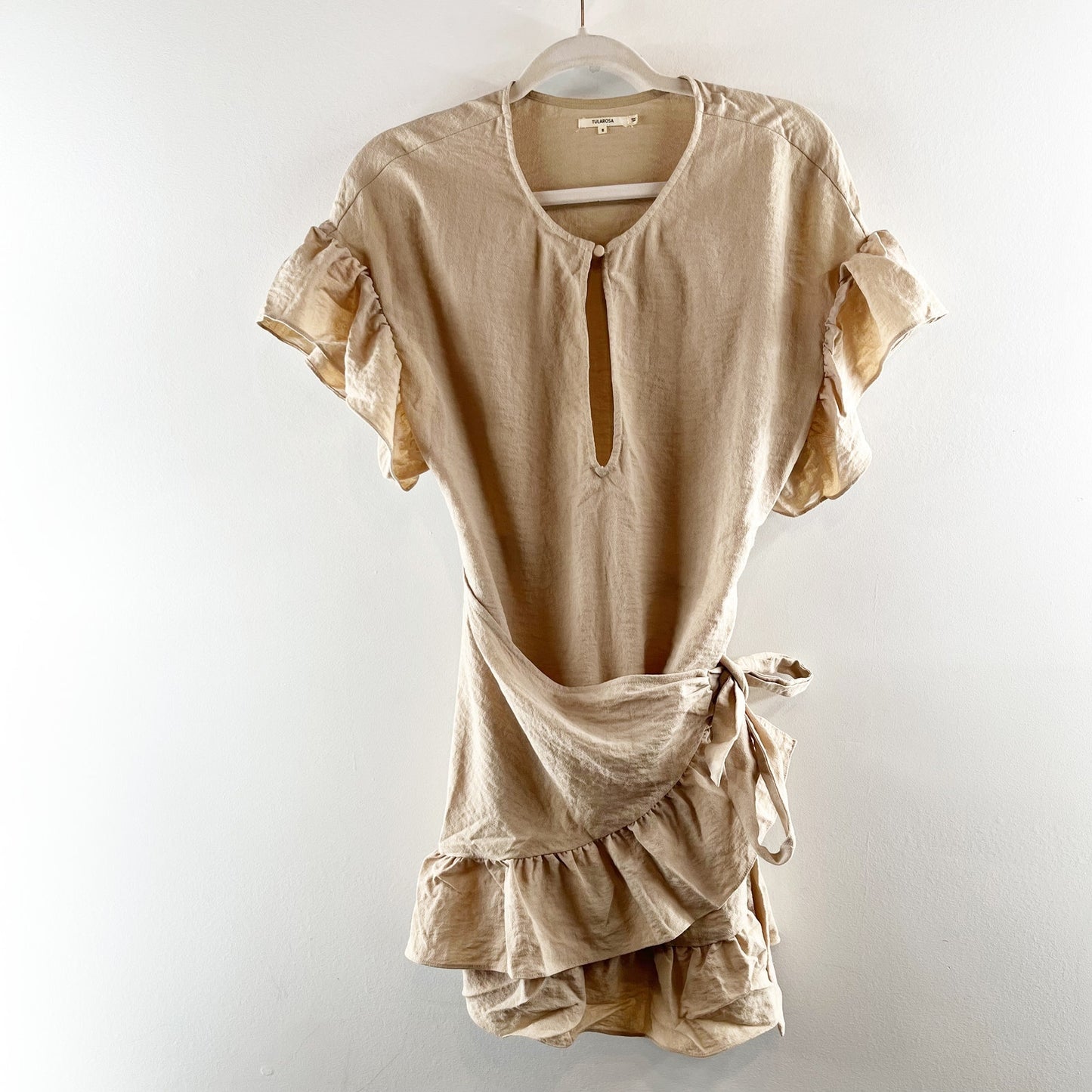 Tularosa Jenny Short Sleeve Ruffle Wrap Mini Dress Tan Khaki Small