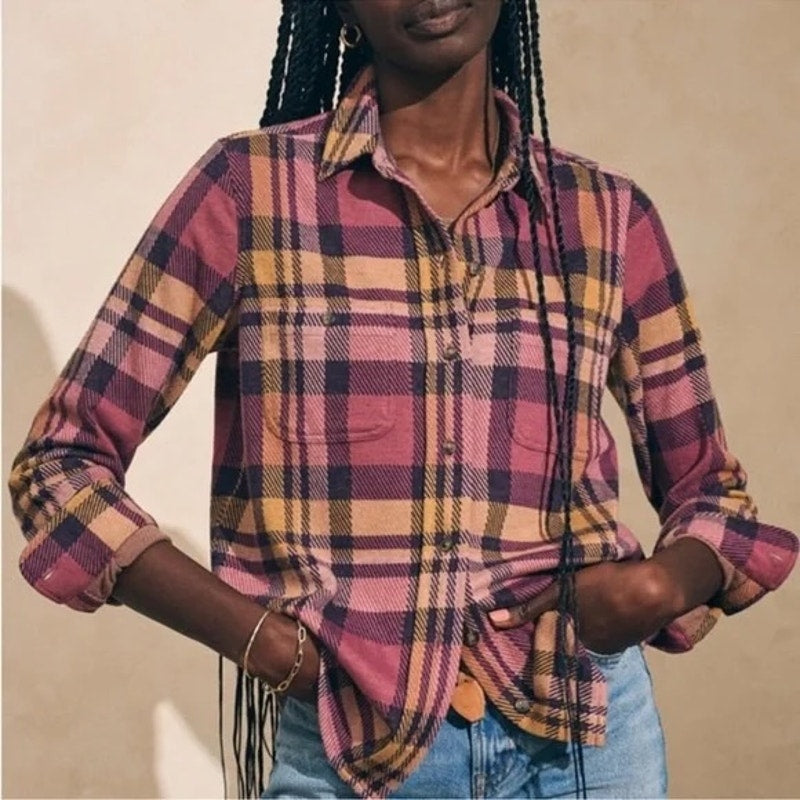 Faherty Legend Sweater Button Down Long Sleeve Shirt Pink Yellow Small