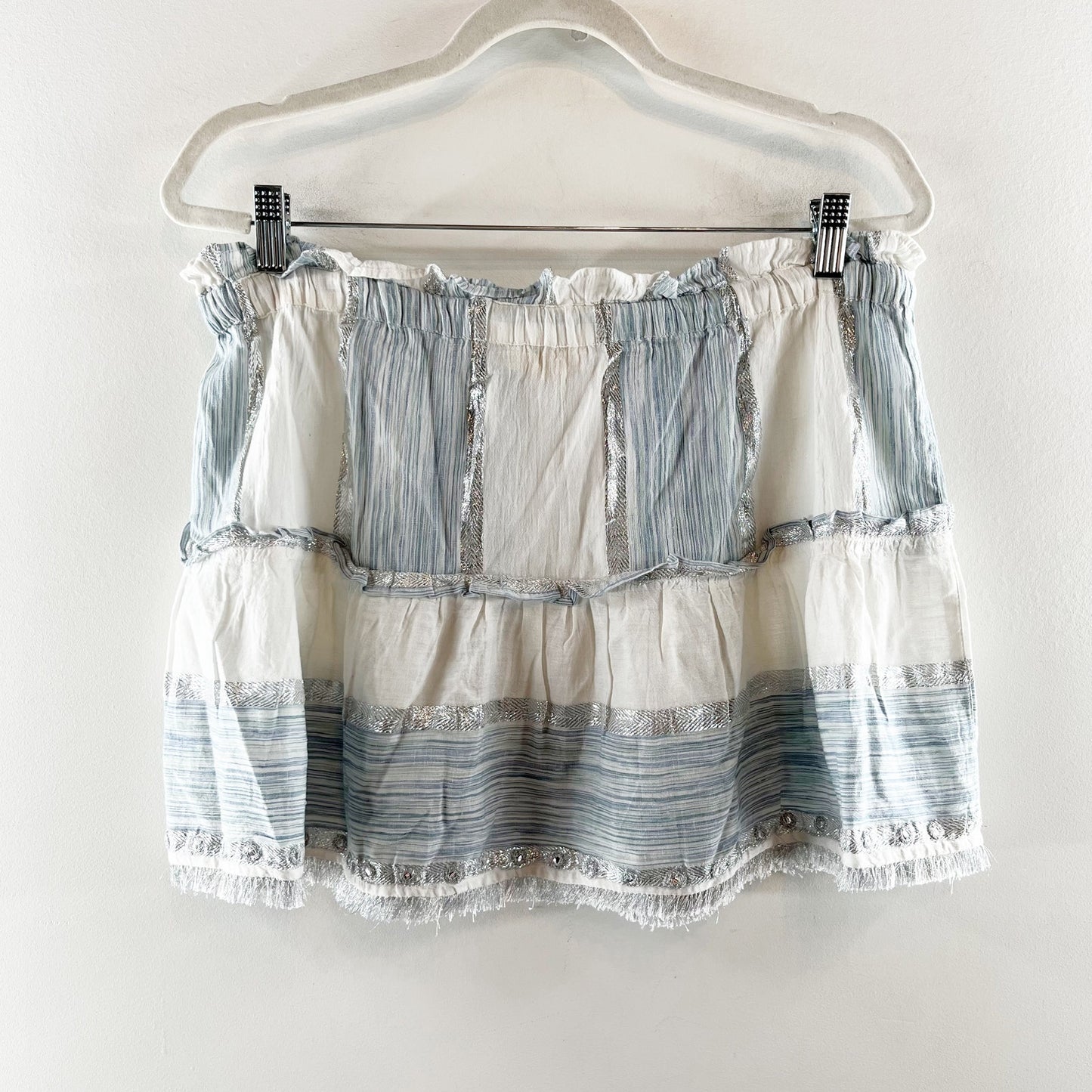 Ramy Brook Alba Faded Two Tone Metallic Fringe Mini Skirt Blue White Medium