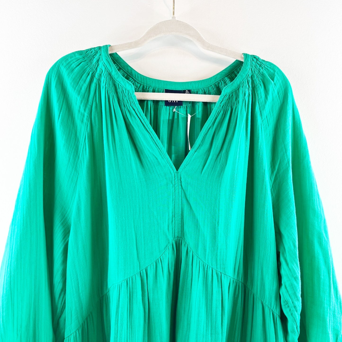 GAP Long Sleeve Crinkle Tiered V Neck Gauzy Cotton Mini Dress Simply Green XL T