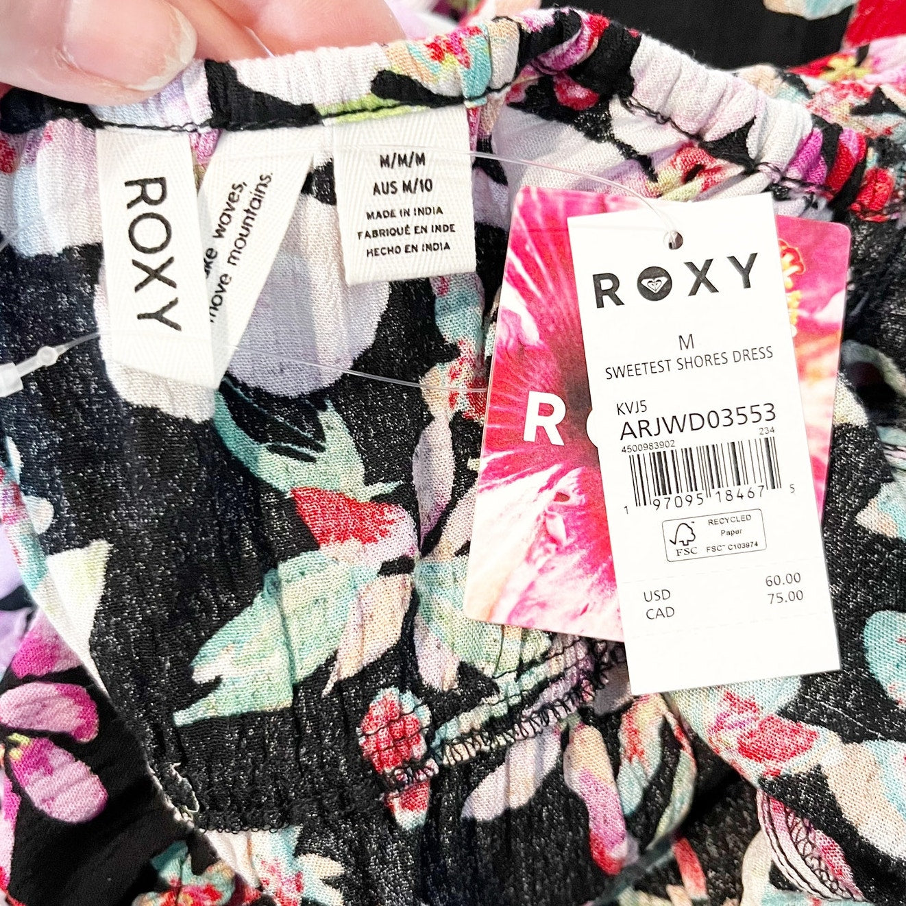 Roxy Long Sleeve V Neck Floral Sweetest Shores Mini Dress Black Pink Medium