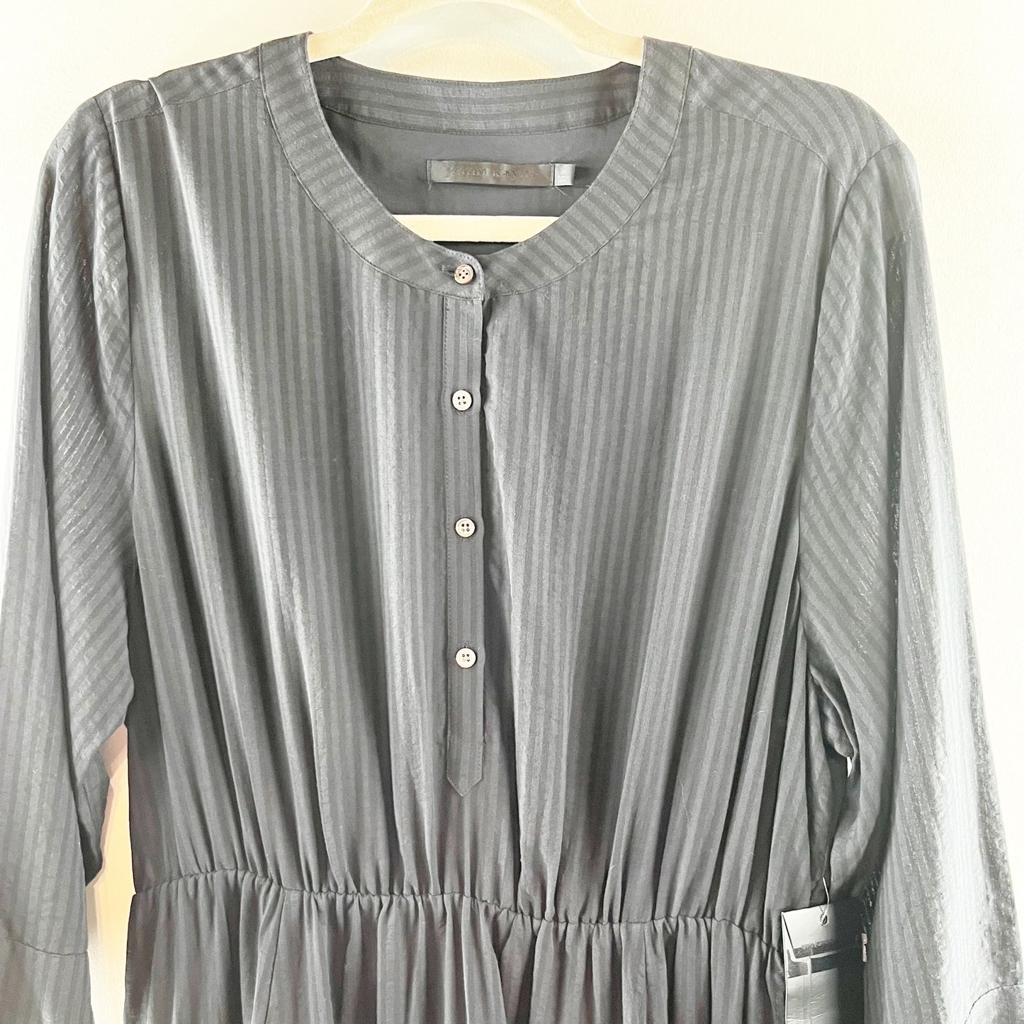 Jenni Kayne Cotton Blend Seersucker Striped 3/4 Sleeve Midi Shirt Dress Black XL