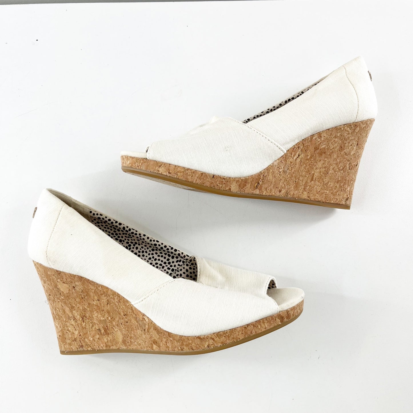 TOMS Classic Peep Toe Canvas Cork Wedge Heel Sandals Cream White 9