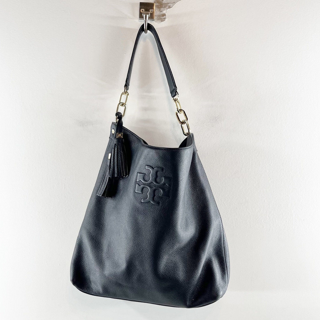 Tory Burch Thea Hobo Leather Tote Bag Purse Black