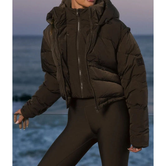 Alo Glacier Cropped Puffer Jacket Coat Espresso Brown Small