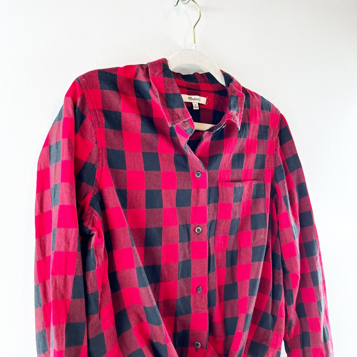 Madewell Buffalo Check Long Sleeve Flannel Tie Front Button-Up Shirt Red/Black M