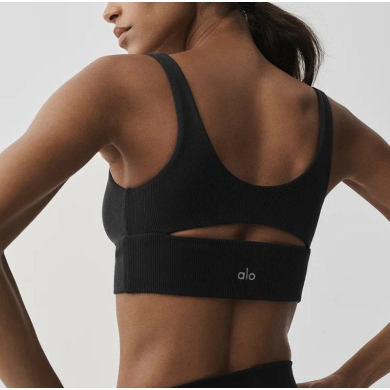 Alo Slit Ribbed Cutout Sports Bra Black Small