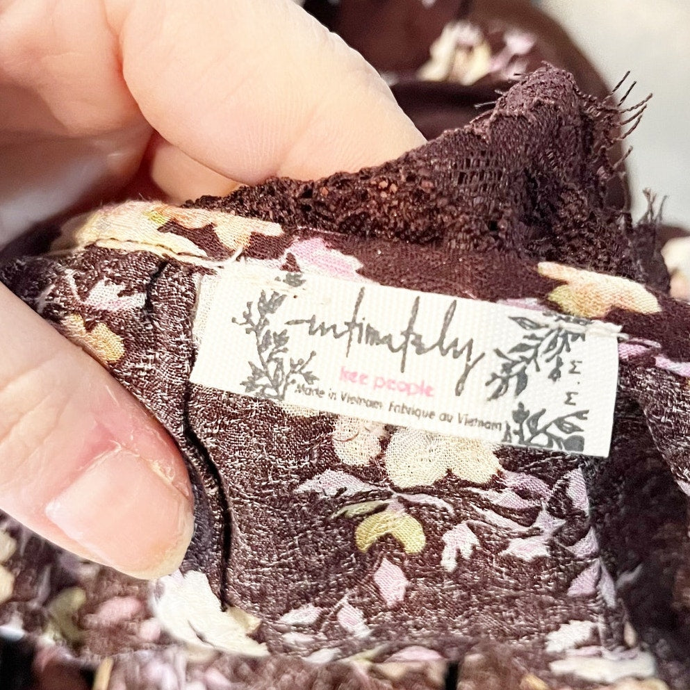 Free People Take It Away Ruffle Strap Floral Thong Bodysuit Brown Medium