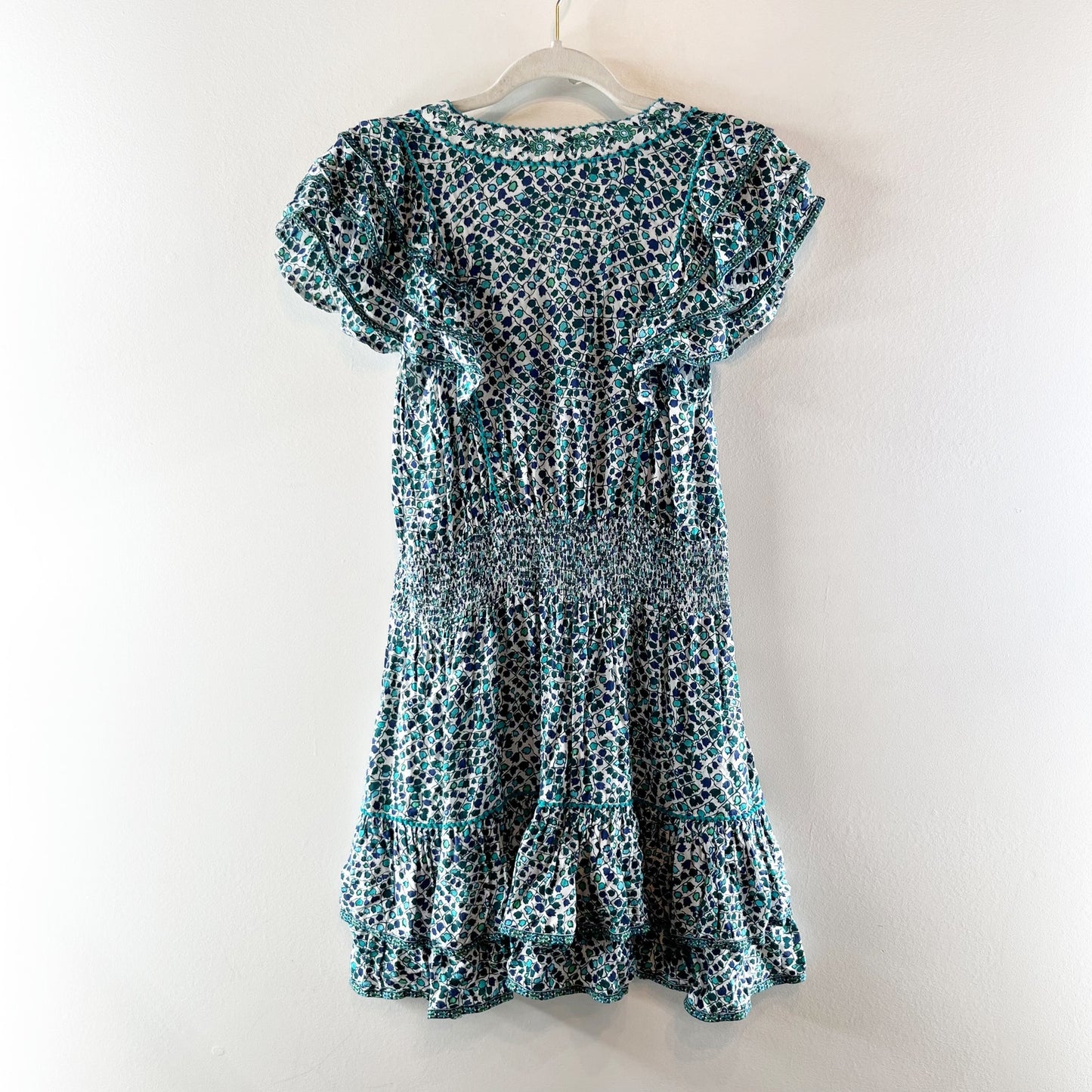 Poupette St. Barth Camila Printed V Neck Short Sleeve Mini Dress Green Medium