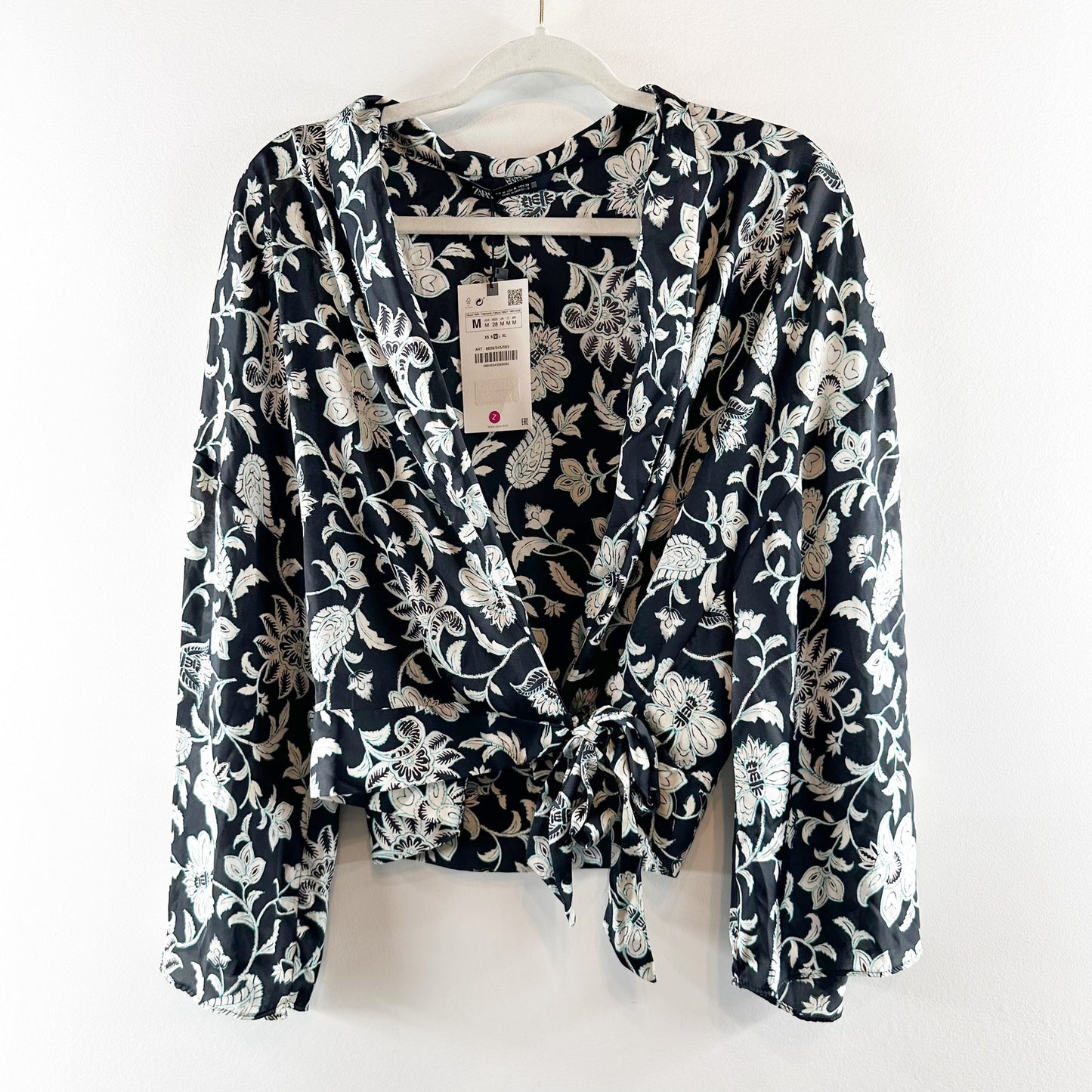 ZARA Floral Satin Bell Sleeve Wrap Tie Blouse Shirt Black White Medium