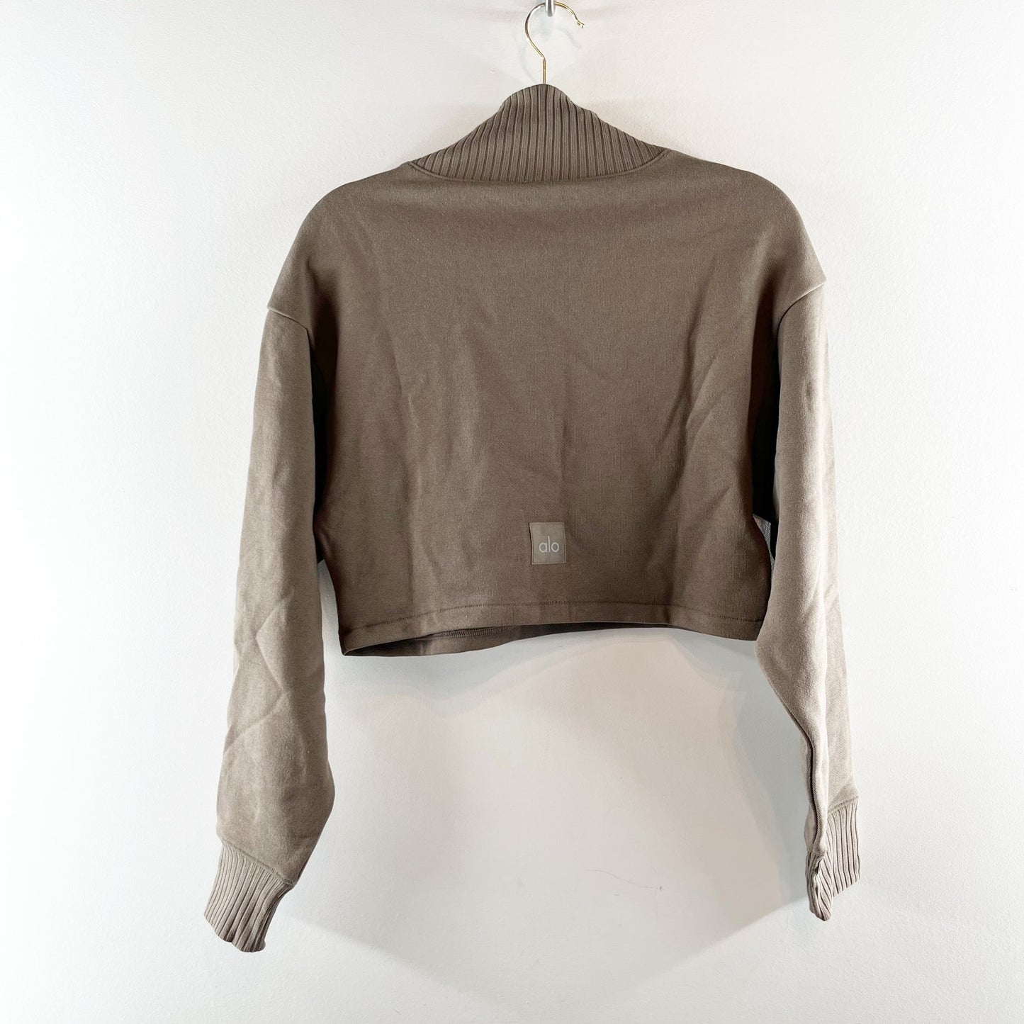 Alo Yoga Cropped Serenity Rib Mock Neck Boxy Coverup Sweatshirt Taupe XS
