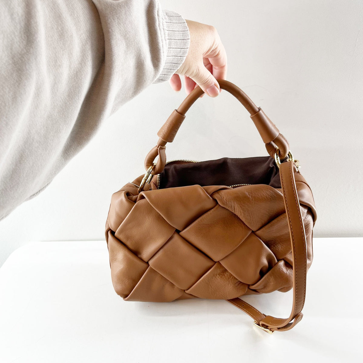 Valentina Fiore Quilted Leather Crossbody Bag Purse Brown