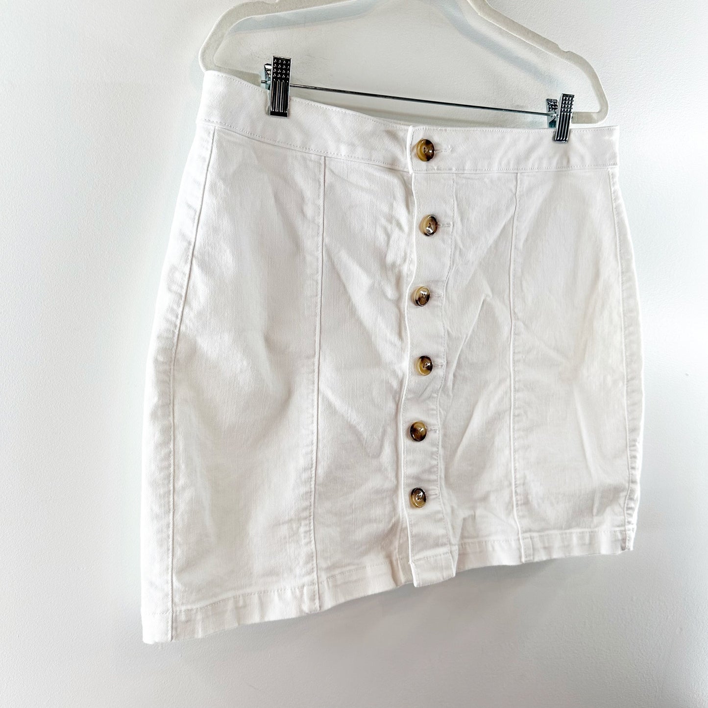 LOFT Cotton Blend High Waisted Button Front Denim A-Line Mini Skirt White 14