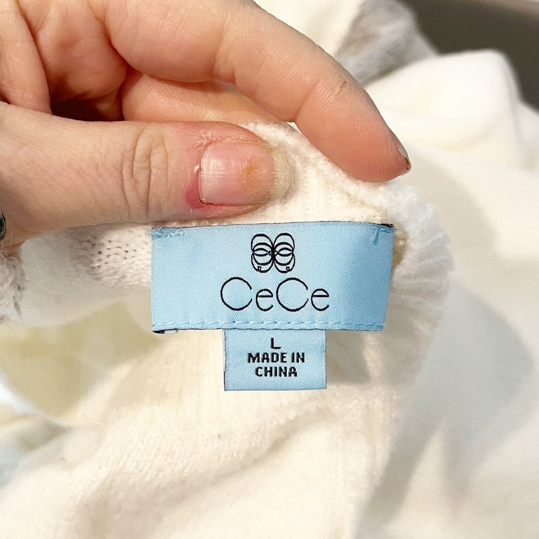 CeCe Crewneck Long Sleeve Heart Print Sweater White Gray Large