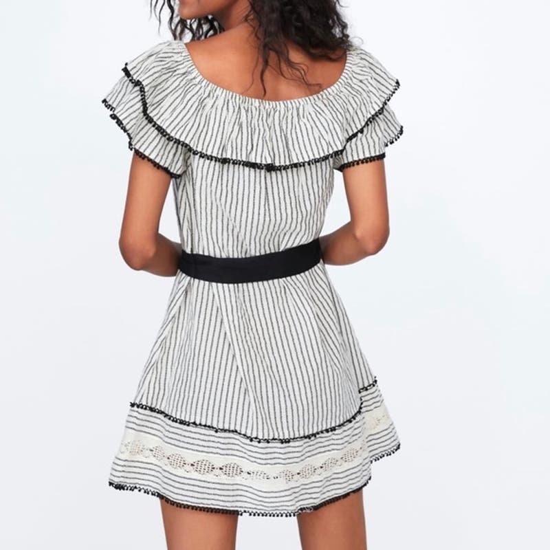 ZARA Ruffle Off The Shoulder Striped Cotton Mini Dress Black White XS