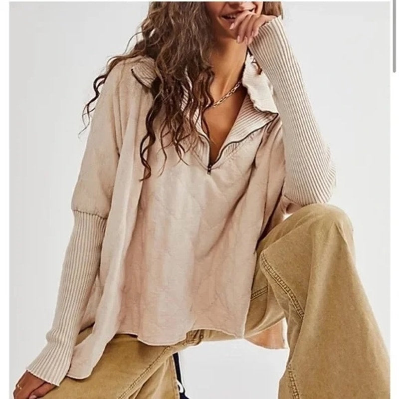 Free People Shiloh Quilted Long Sleeve Swing Sweatshirt Tan Beige Medium