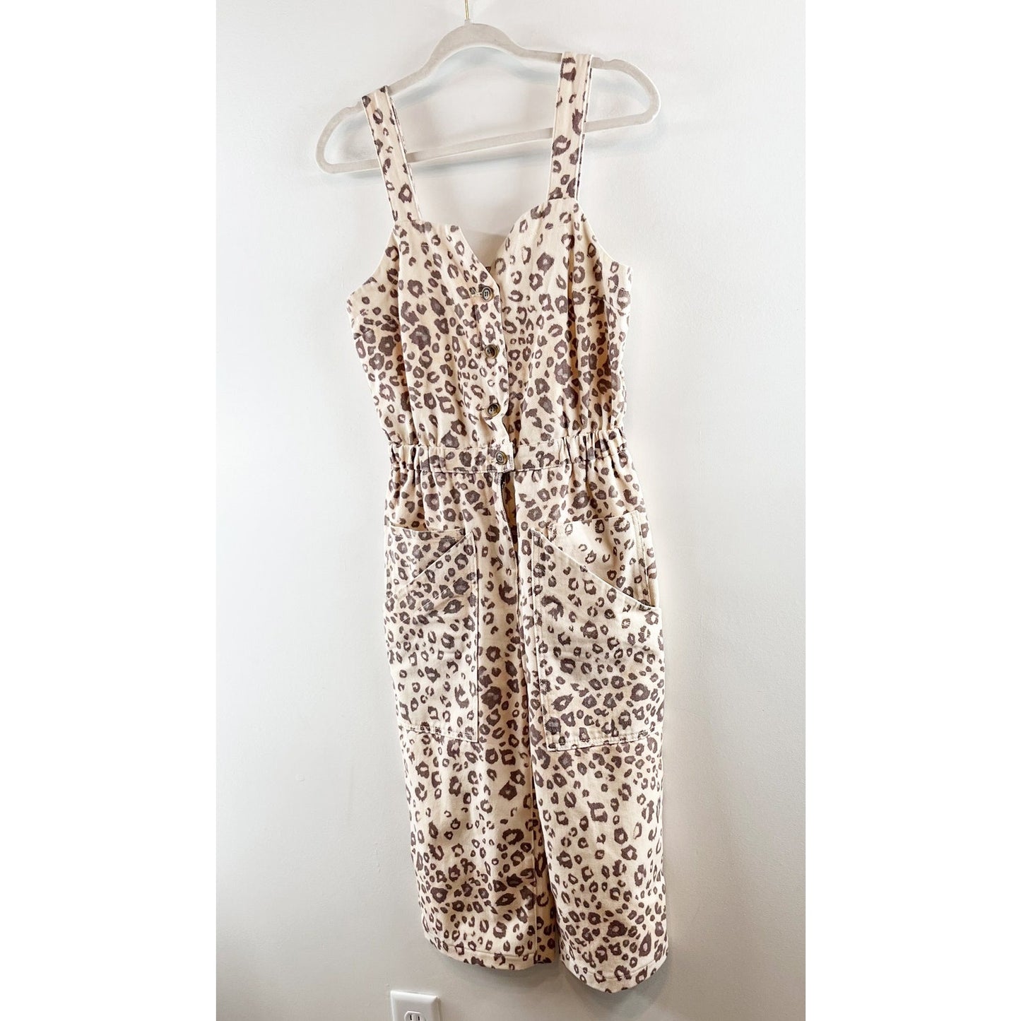 Anthropologie Current Air Sweetheart Neckline Piper Utility Jumpsuit Leopard Tan