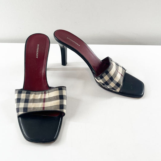 Burberry Vintage Nova Check Square Toe Plaid Slide Mule Kitten Heel Sandals 8