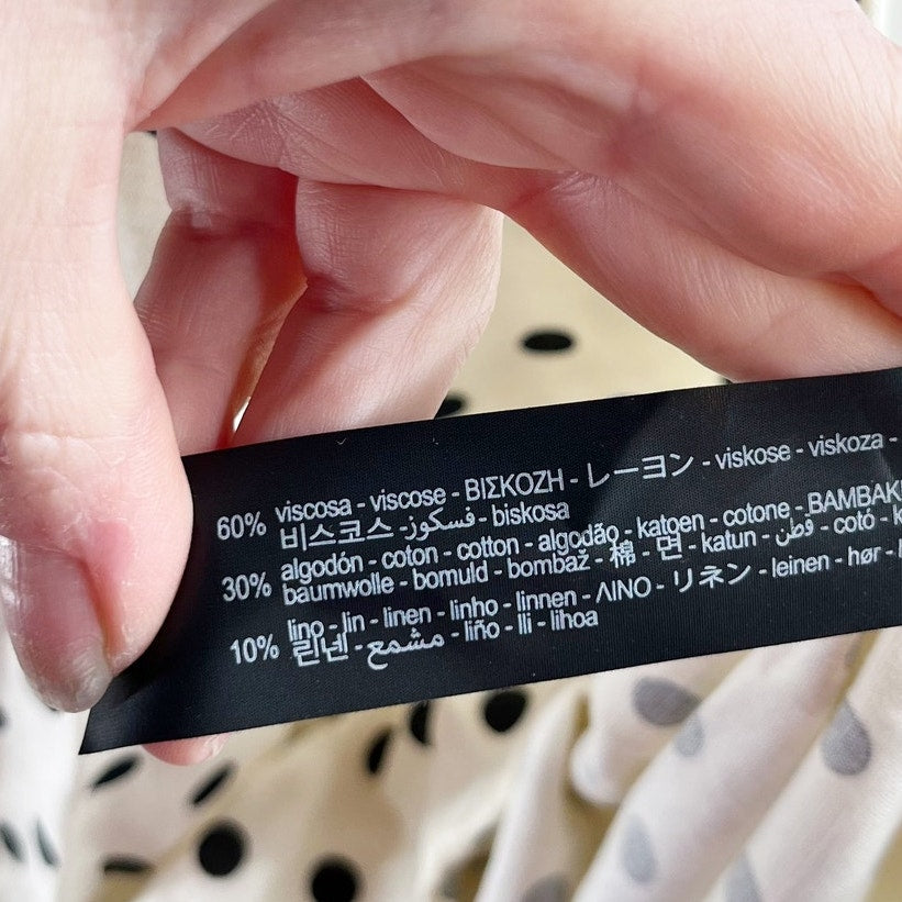 ZARA Smocked Square Neck Ruffle Hem Polka Dot Midi Dress Cream Black XS