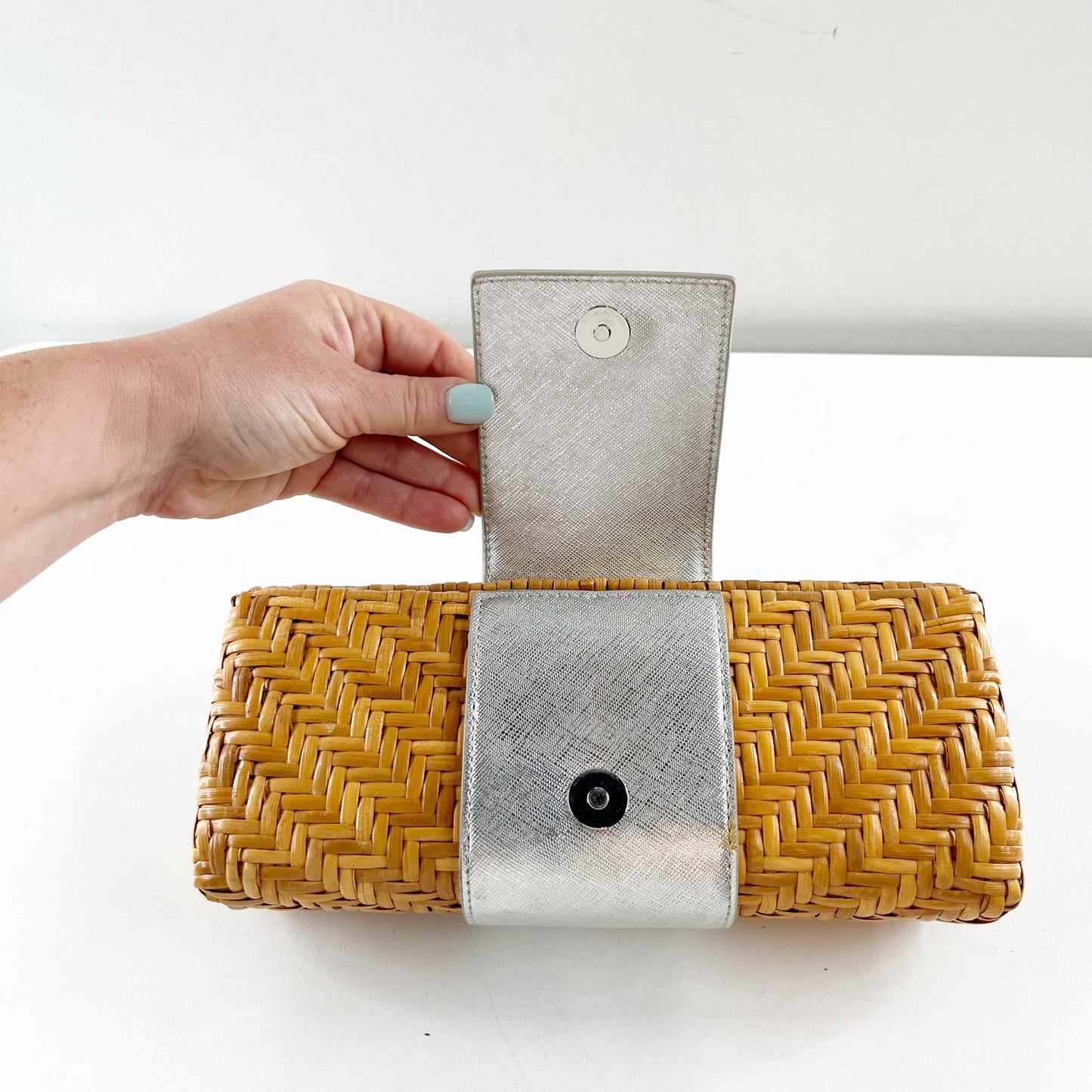 Tory Burch Raffia Rattan Clutch Metallic Silver Tan