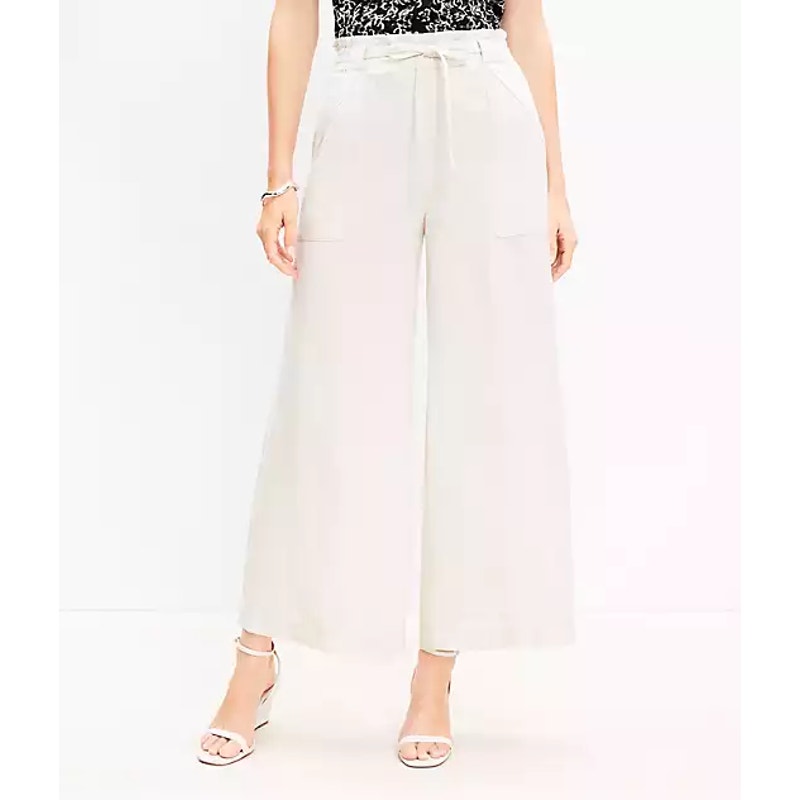 LOFT High Rise Drawstring Waist Wide Leg Trouser Pants White 10