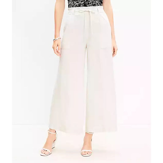 LOFT High Rise Drawstring Waist Wide Leg Trouser Pants White 10