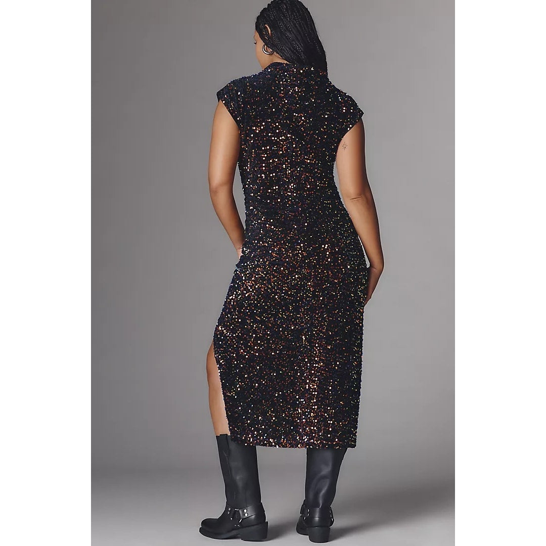 Anthropologie The Maya Ruched Cowl-Neck Sequin Mesh Midi Dress Navy Blue XS