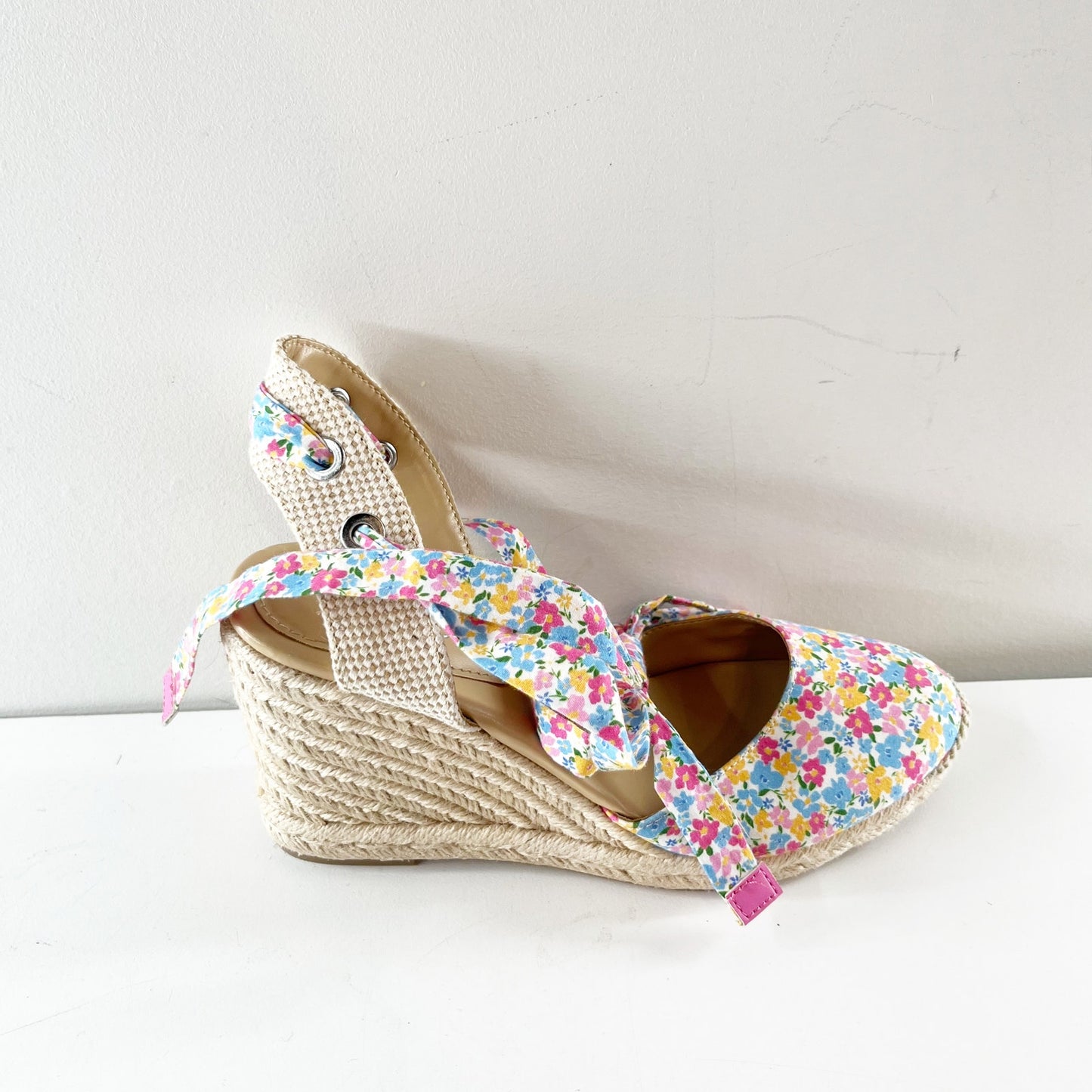 Nine West Friend Ditzy Floral Ankle Wrap Espadrille Wedge Sandals Pink Blue 7