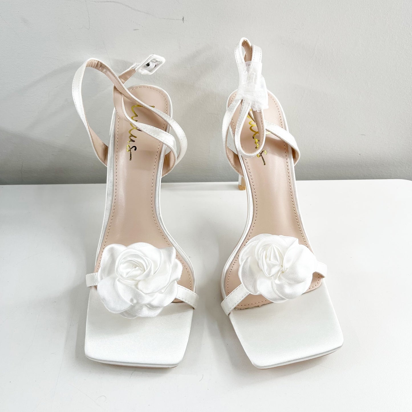 Lulus Aerianna Satin Floral Rosette Ankle Strap Square Toe Sandals White 8