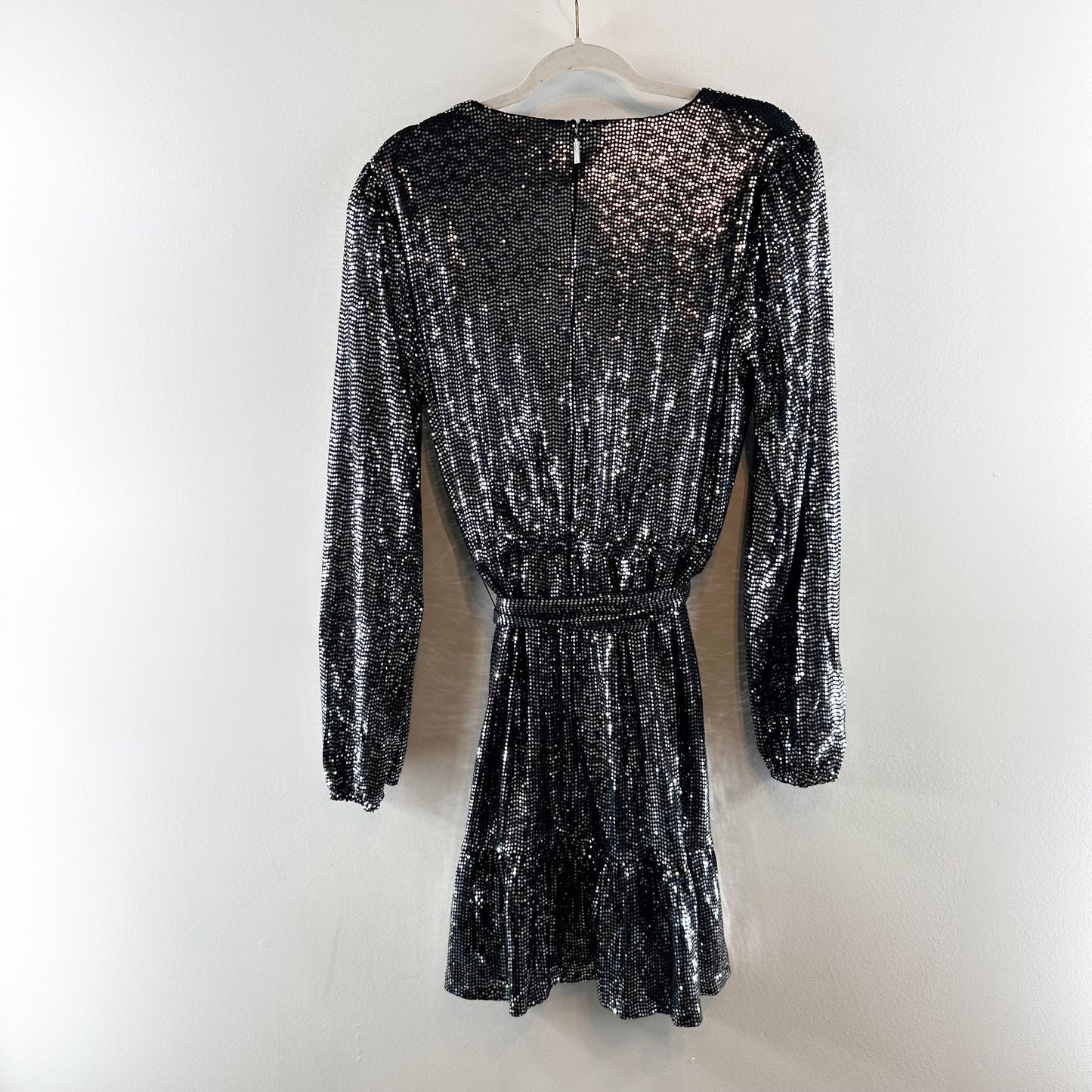 Michael Kors Long Sleeve Sequin Ruffle Hem Belted Mini Party Dress Silver Large