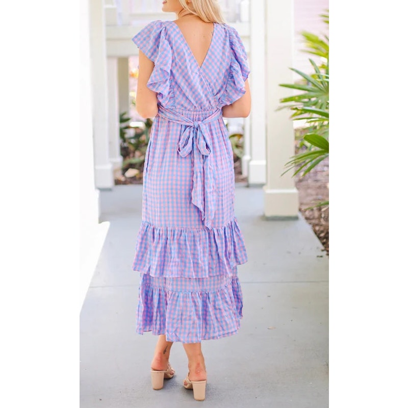 Entro Gingham Print Flutter Sleeve Square Neck Maxi Dress Purple Pink Medium