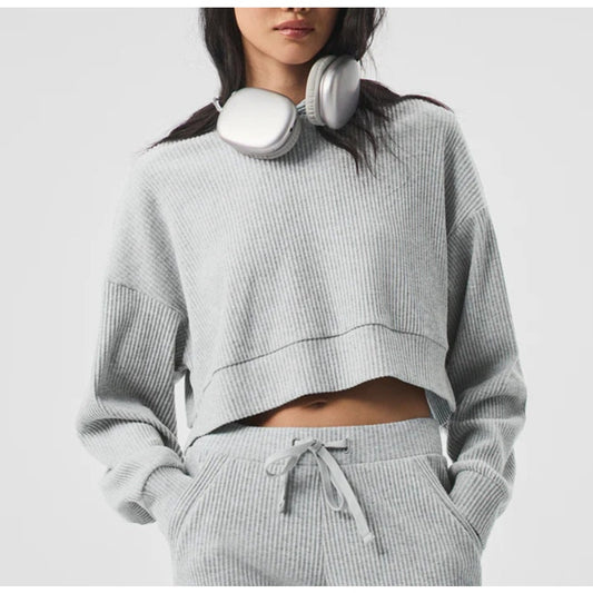 Alo Muse Long Sleeve Ribbed Knit Cropped Lounge Hoodie Athletic Heather Grey XS