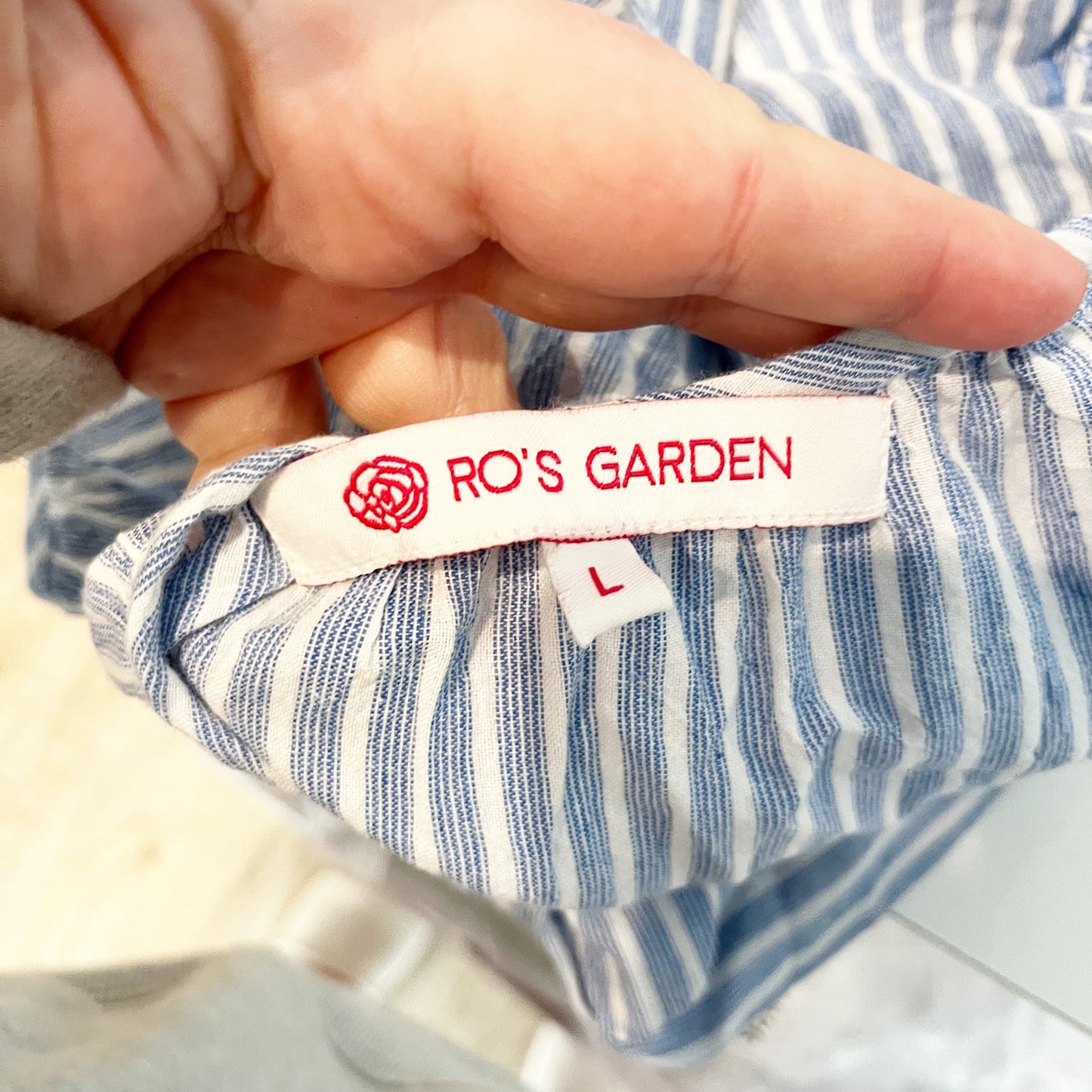 Ro's Garden Long Sleeve Striped Embroidered Blouse Shirt Blue Large