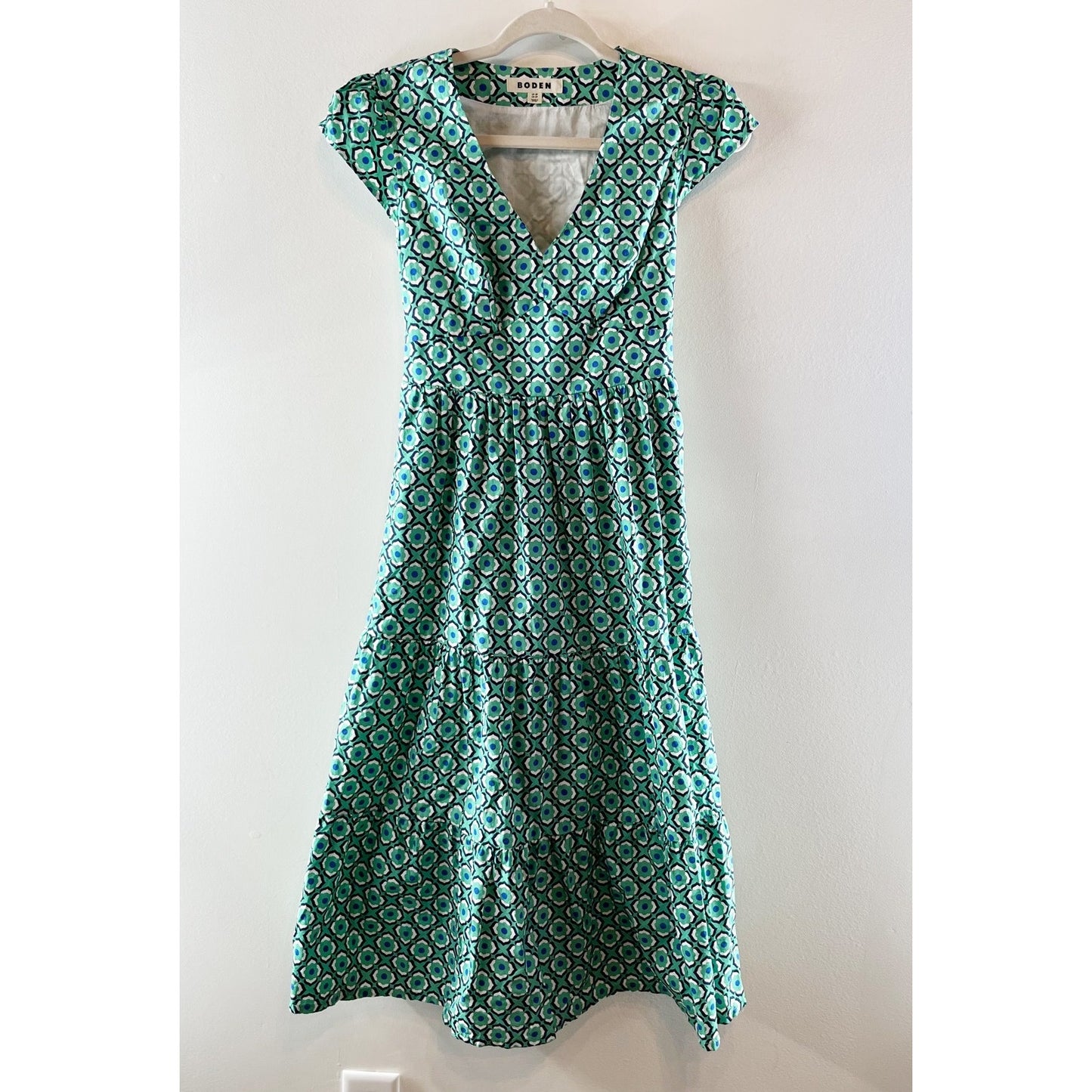Boden May Tiered Short Ruffle Cap Sleeve Geo Print Poplin Midi Dress Green 4 P