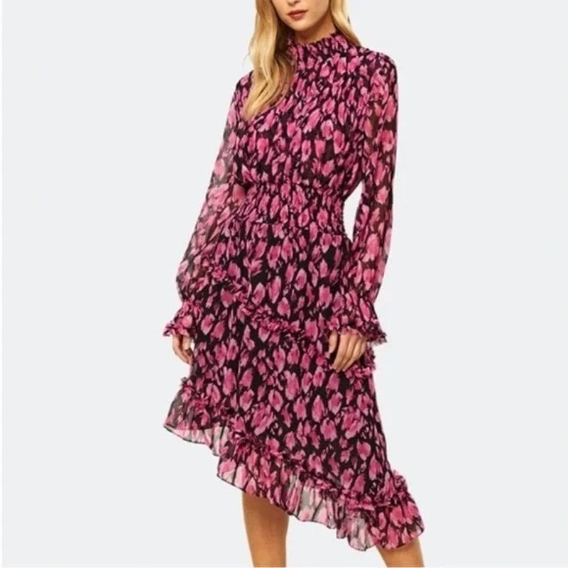MISA Los Angeles Lupita Long Sleeve Asymmetrical Floral Mock Neck Dress Pink XS