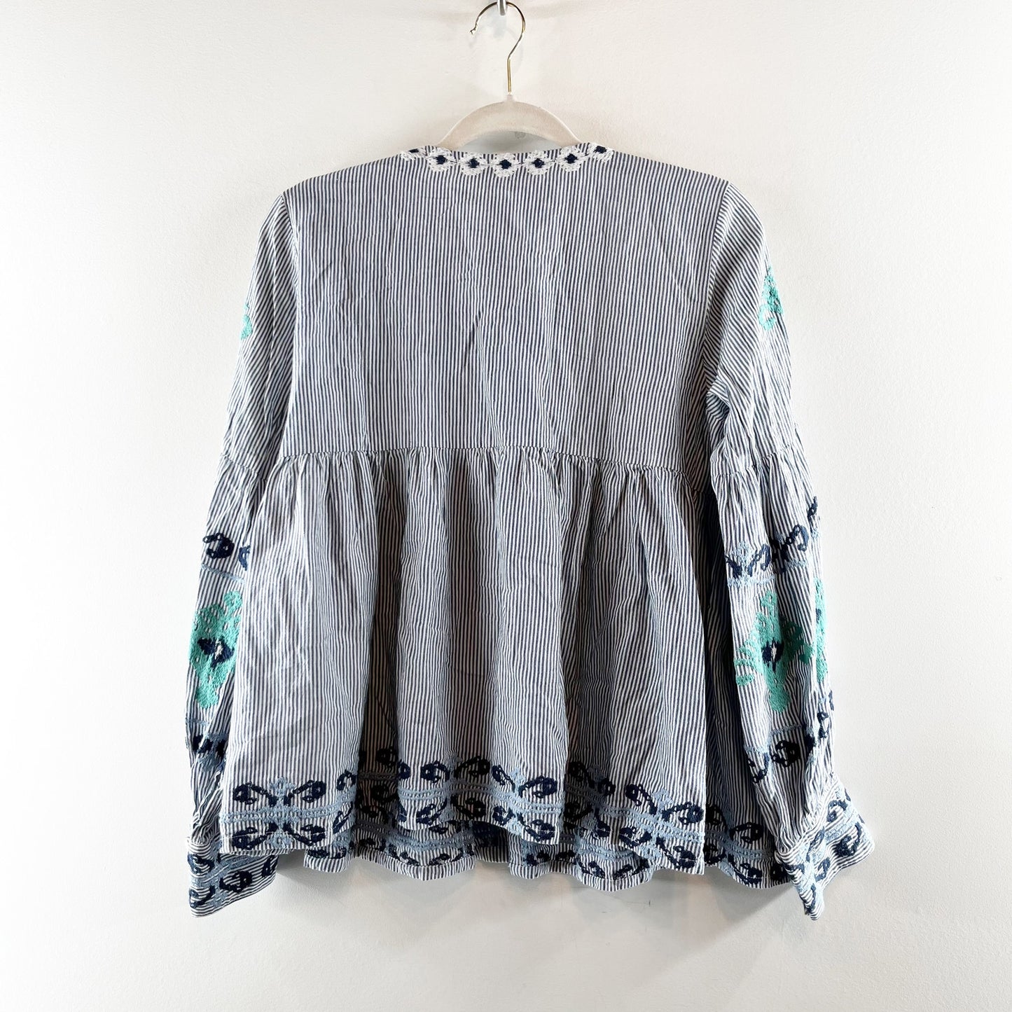 Rose & Rose Long Sleeve Embroidered Double Tie Front Blouse Top Blue Large