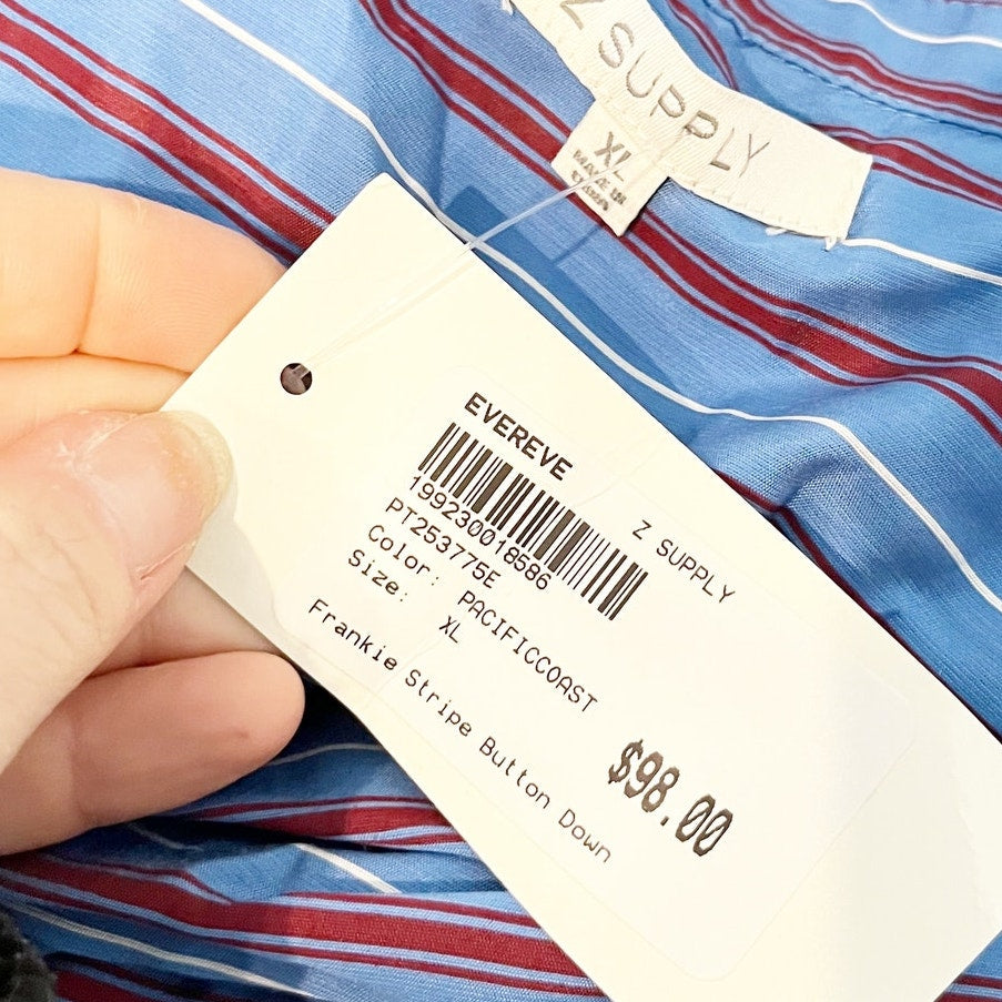 Z Supply Frankie Poplin Long Sleeve Striped Button Down Shirt Pacific Blue XL