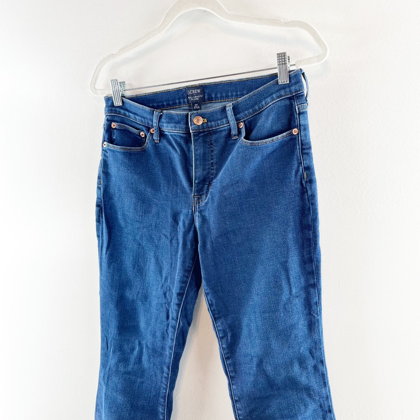 J. Crew Mid Rise Full Length Flare Jeans Signature Stretch Dark Wash Blue 26