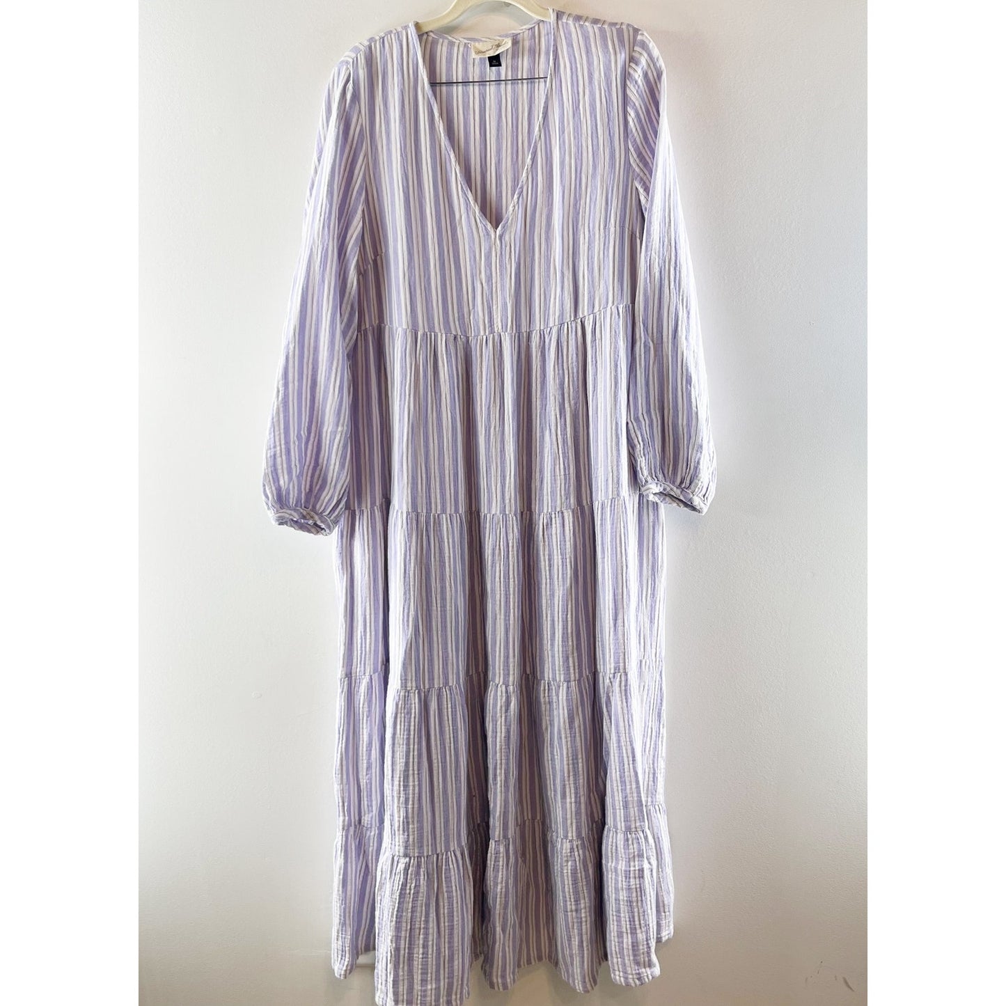 Universal Thread Long Sleeve V Neck Striped Cotton Maxi Dress Purple Medium