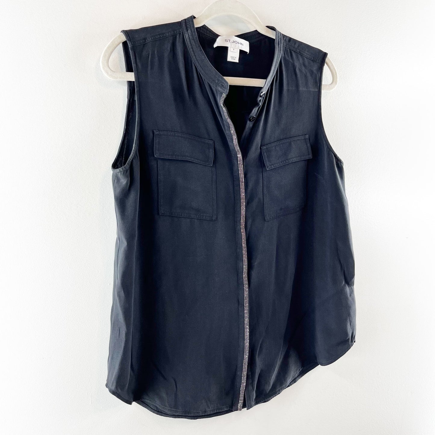 St. John Rhinestone Trim Sleeveless Silk Button Down Shell Tank Top Black Small