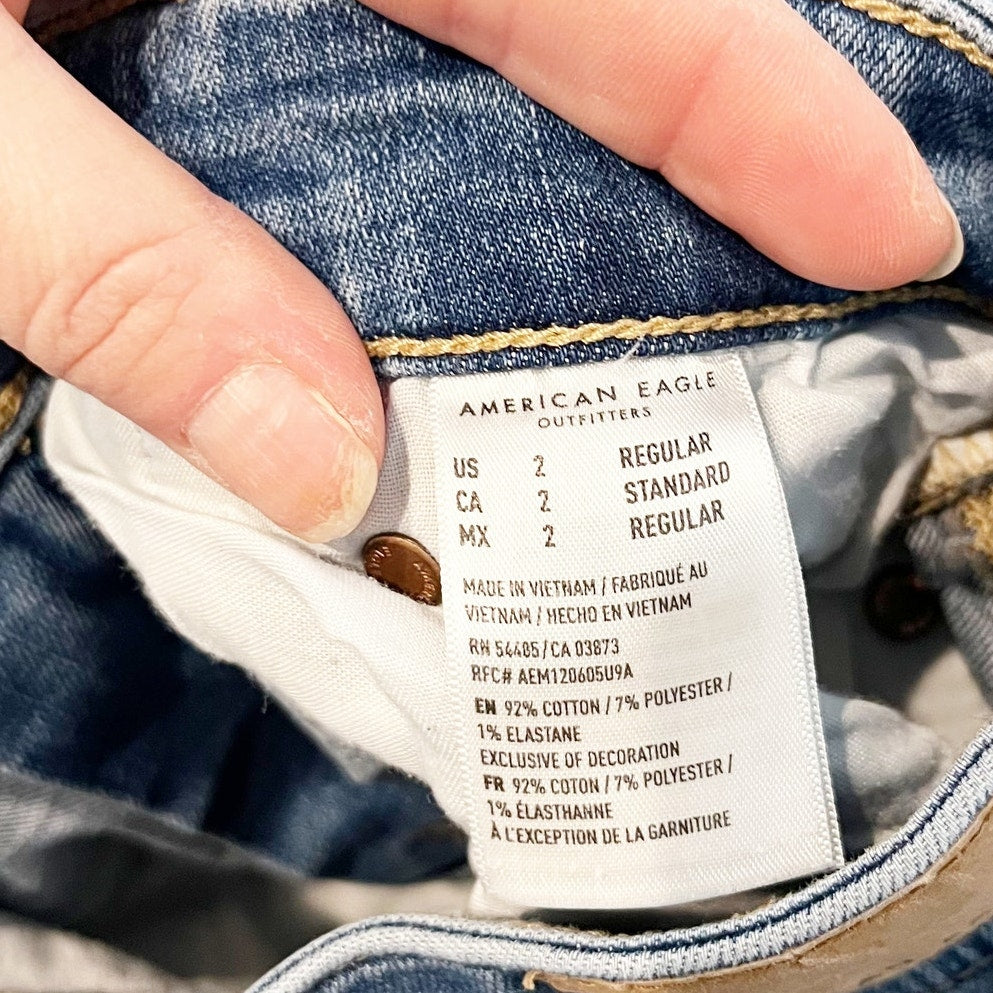 American Eagle Distressed Raw Hem Super High Rise Flare Jeans Blue 2