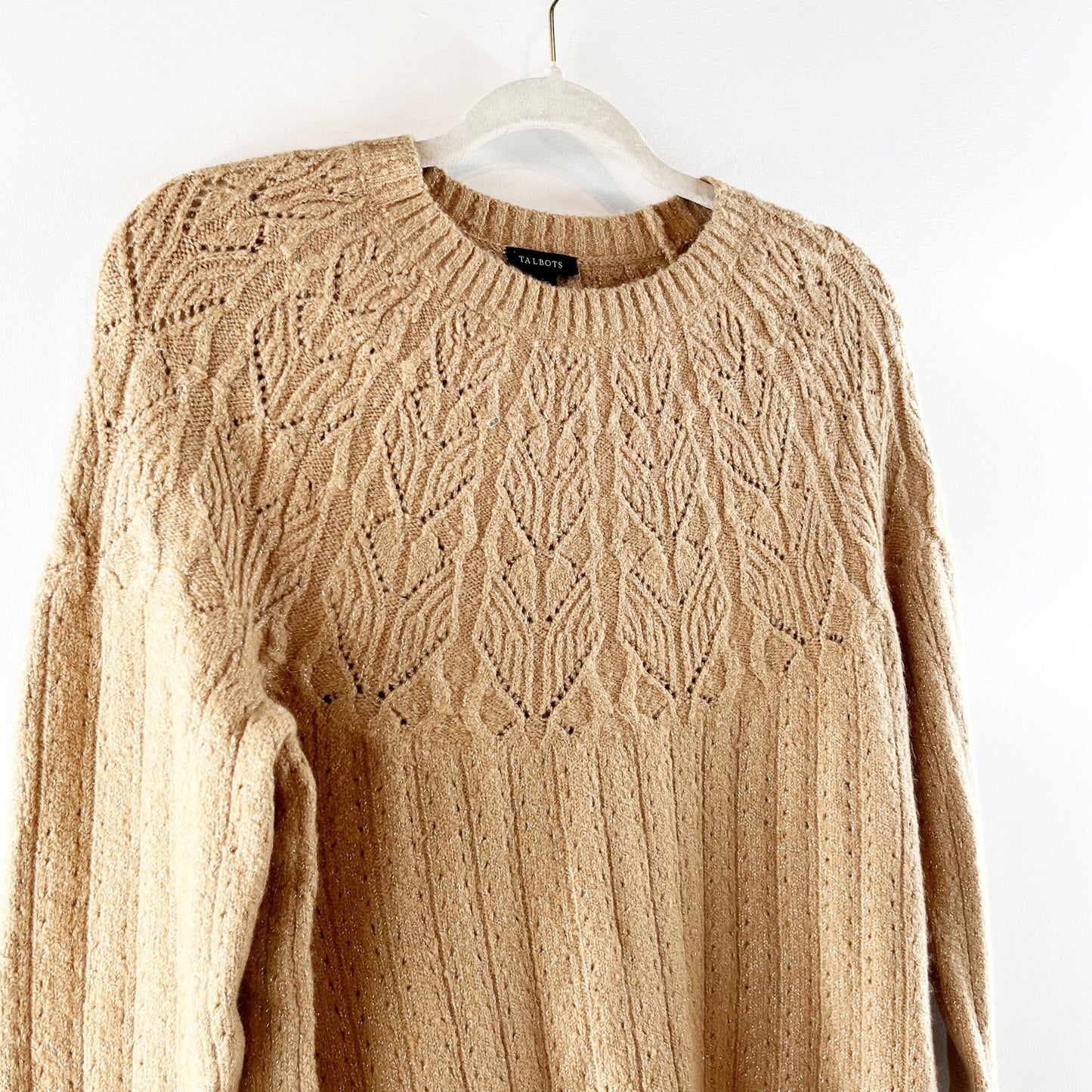 Talbots Long Sleeve Metallic Pointelle Sweater Tan Beige Small