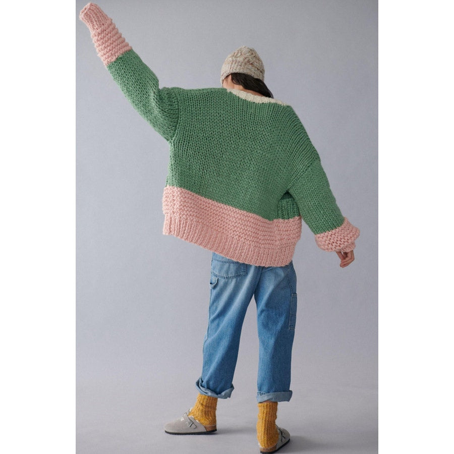 Saachi Anthropologie Hand Knit Chunky Cardigan Colorblock Sweater Green Pink O/S