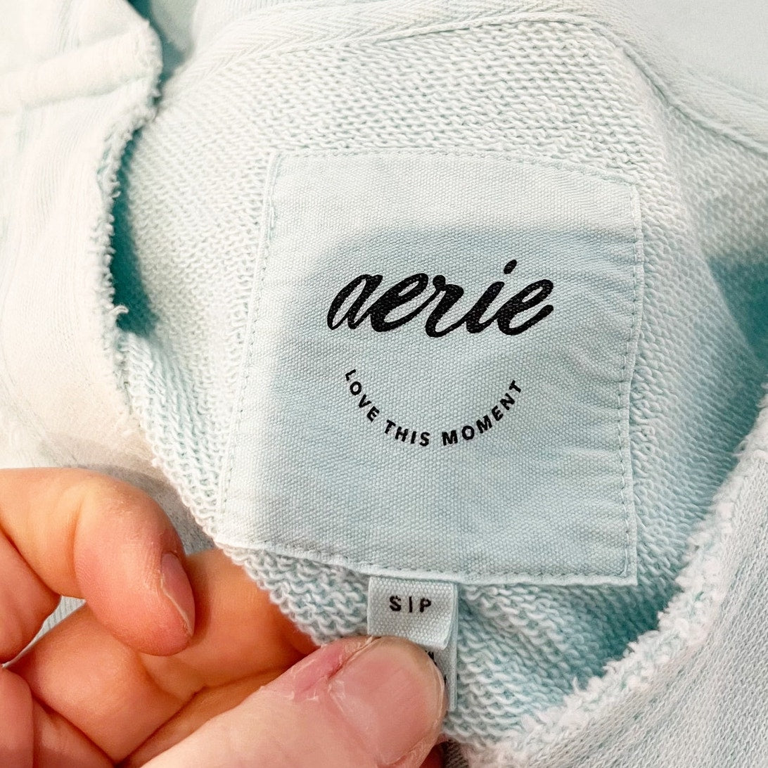 Aerie Barefoot Oversized V Neck Hoodie Sweatshirt Aqua Pastel Blue Small
