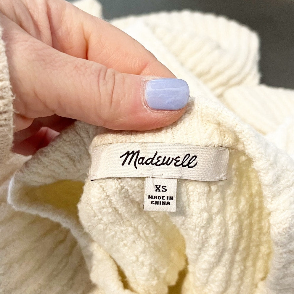 Madewell Boucle Knit Crewneck Ribbed Sweater Tee Shirt Top Cream Ivory XS