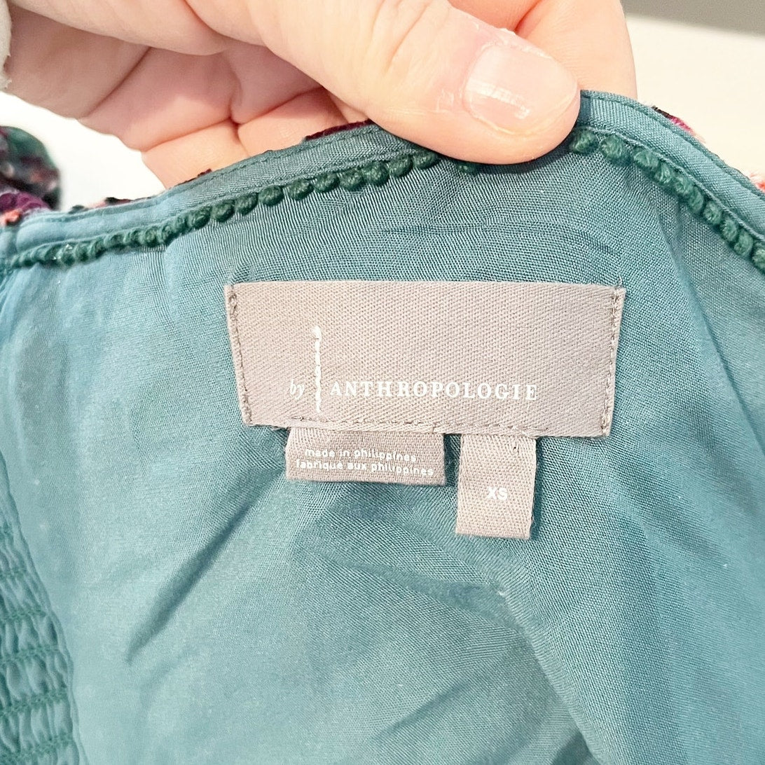 Anthropologie Long Sleeve Velvet Floral Wrap Top Blouse Green Pink XS